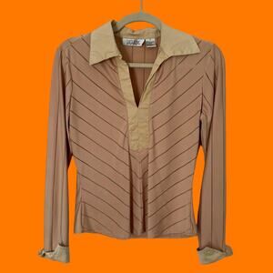 90's vintage pale yellow collared long sleeve blouse top SMALL selene sport